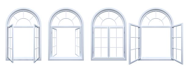 Collection of isolated white arched windows 3D render of isolated white arched open windows window frame stock pictures, royalty-free photos & images