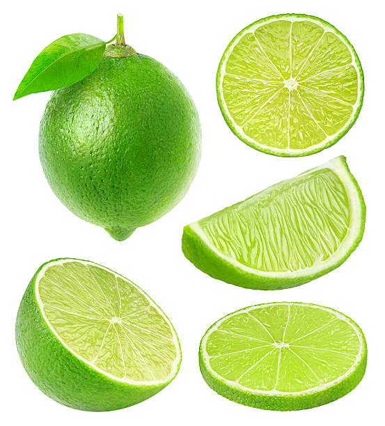 collection of lime slices isolated on white with clipping path - citroen stockfoto's en -beelden