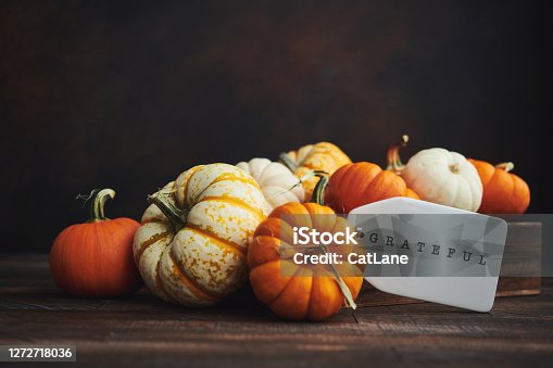 istock Collection of miniature pumpkins in wooden crate with GRATEFUL message for Fall and Thanksgiving 1272718036