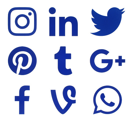 Kiev: Collection of popular social media blue logos printed on paper: Facebook, Twitter, Google Plus, Instagram, Pinterest, LinkedIn, Vine, Tumblr and WhatsApp