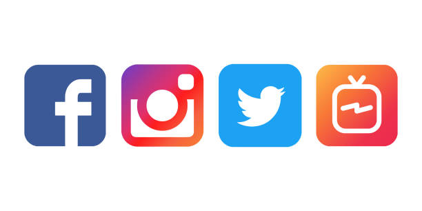 collection of popular social media logos printed on white paper: facebook, instagram, twitter and igtv. - instagram imagens e fotografias de stock