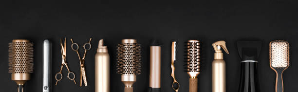 Collection of professional hair dresser tools arranged on dark background Collection of professional hair dresser tools arranged on dark background dresser photos stock pictures, royalty-free photos & images