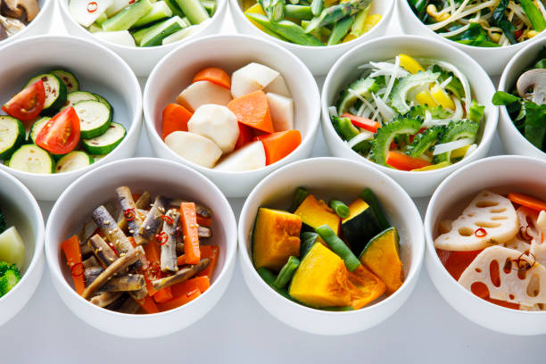 A collection of various recipes using Japanese vegetables. stock photo