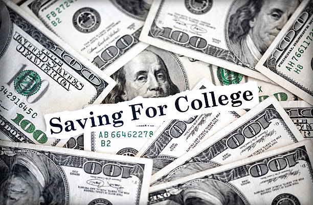 college savings The words "saving for college" with hundred dollar bills in background. university of southern california stock pictures, royalty-free photos & images