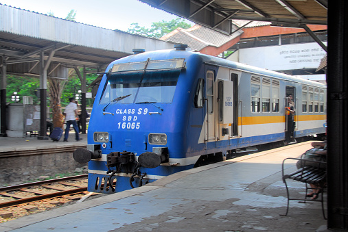 Colombo, Sri Lanka: Colombo Central Train Station, Fort station - front view of commuter train on the platform - S9 train class, manufactured by CSR Corporation Limited (CSR), formerly known as China South Locomotive & Rolling Stock Corp.