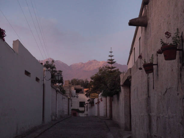 Colonial street of Arequipa with Chachani volcano background, Peru stock photo