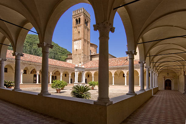 colonnade, cloister and bell tower stock photo