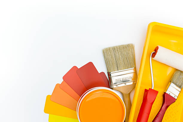 color palette with paint tools and accessories stock photo