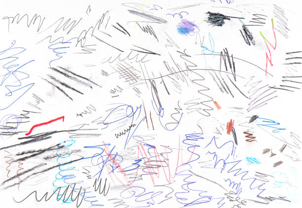 coretan abstrak berwarna oleh pena, baris oleh tinta, sketsa acak sebagai latar belakang atau tekstur pada kertas putih - tulisan cakar ayam potret stok, foto, & gambar bebas royalti