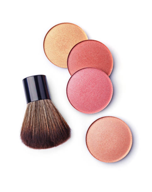 Colored blush and makeup brush Colored blush and makeup brush isolated on white blusher make up stock pictures, royalty-free photos & images