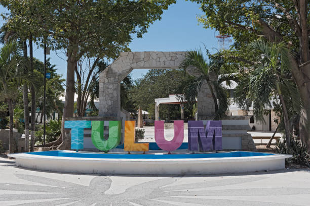 Colored lettering of the Mexican city Tulum, Quintana Roo, Mexico stock photo