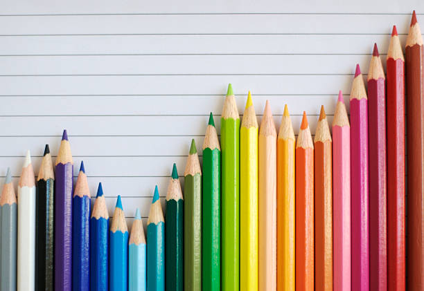 Colored Pencil Bar Graph Lined Paper Gives Successful Result A bar graph made of colored pencils shows fluctuations but a general uptrend create an account stock pictures, royalty-free photos & images