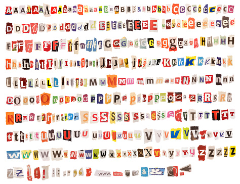 Colorful Alphabet – torn out from Newspapers and Magazines. Perfect for Threatening Letters.