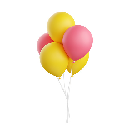Colorful balloons 3d render illustration isolated on white background. Bunch of flying helium balloon for birthday or anniversary congratulation concept - floating inflated balls.