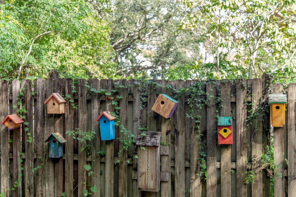 Colorful Bird Houses on a Stockade Fence stock photo