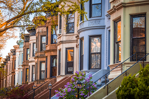 Colorful brownstones in Park Slope, Brooklyn. NY. USA.
