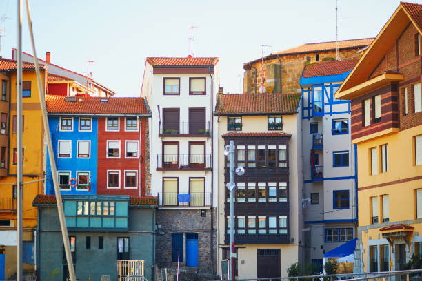 Colorful buildings in fishing village of Bermeo, Basque Country, Spain stock photo