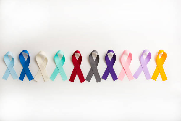 Colorful cancer ribbons as Health symbols for all types of cancer in a row stock photo