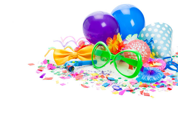 colorful carnival or party decoration background of balloons, streamers and confetti on white backdrop - carnival accessories flat lay imagens e fotografias de stock