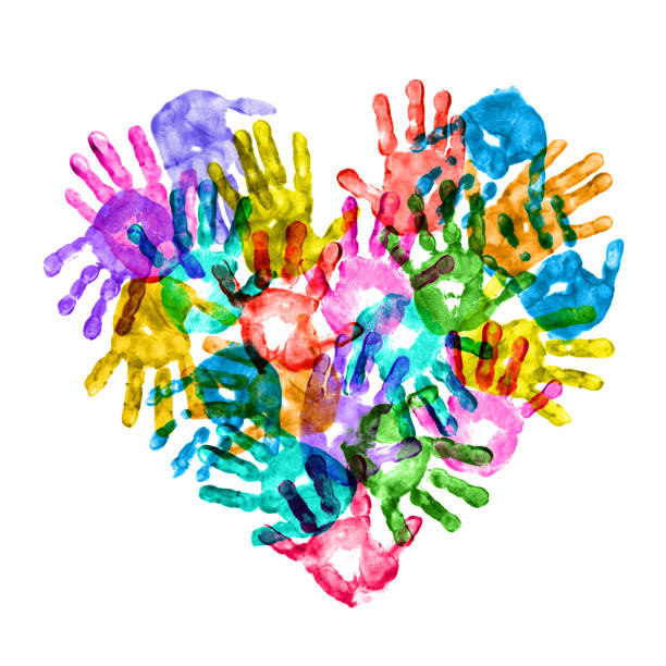 Colorful Children Hand Prints Forming a Heart Shape Colorful children’s hand print forming a heart shape. handprint stock pictures, royalty-free photos & images