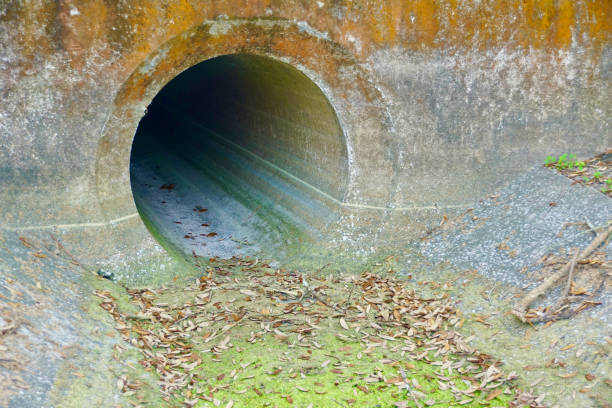 Colorful concrete drain pipe, dry with leaves stock photo