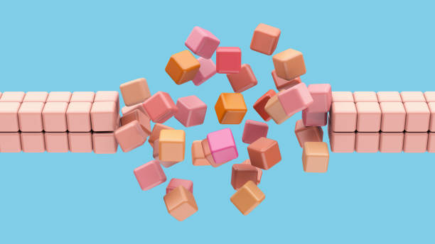 Colorful cubes flying. Blue background. Abstract illustration, 3d render. stock photo