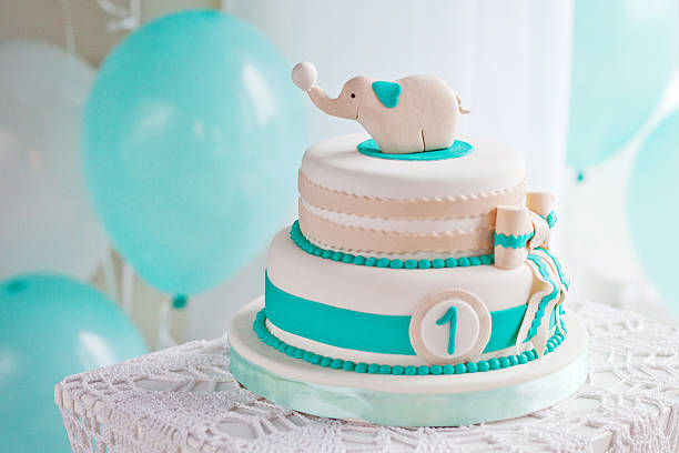 Colorful decoration of a first year birthday cake stock photo