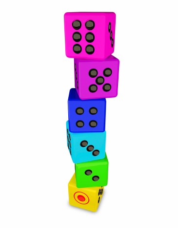 Colorful dice in a row from 1 to 6, isolated on white.