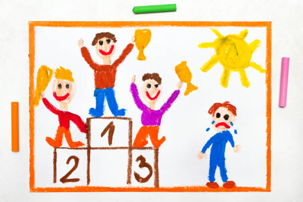 colorful drawing: happy children standing on the winner podium and one boy crying because he lost - lost first imagens e fotografias de stock
