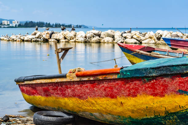 海岸の砂の中で海水にドッキングカラフルな空の古い木製の漁船。背景に大きな岩の岩の上の鳥と沿岸の海の眺め - モンテゴ湾 写真 ストックフォトと画像