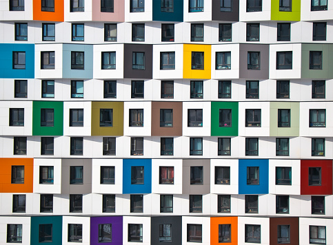 Colorful facade of the new building. Modern architecture, residential building