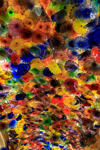 Colorful Fiori Di Como Glass Flower Structure By Sculptor Chihuly In The Lobby Of The Bellagio Hotel And Casino On The Las Vegas Strip Stock Photo