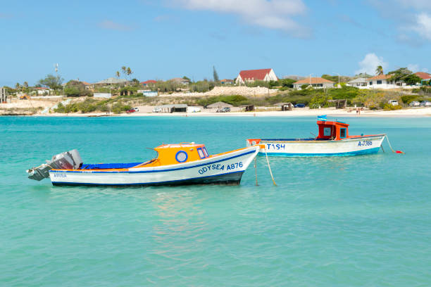Colorful Fishing Boats in Roger's Beach Near San Nicolas in Aruba This shot shows several colorful fishing boats near Roger's Beach, which is close to the town of San Nicolas in Aruba. The main economy of Aruba is tourism but there is still some amount of fishing that takes place on the island. has san hawkins stock pictures, royalty-free photos & images