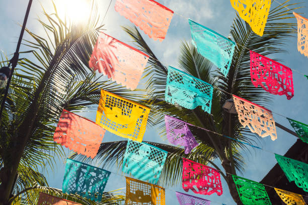 Colorful flags in the town of Sayulita stock photo