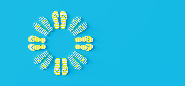 Colorful flip-flops on blue background, Summer holiday concept 3d render stock photo