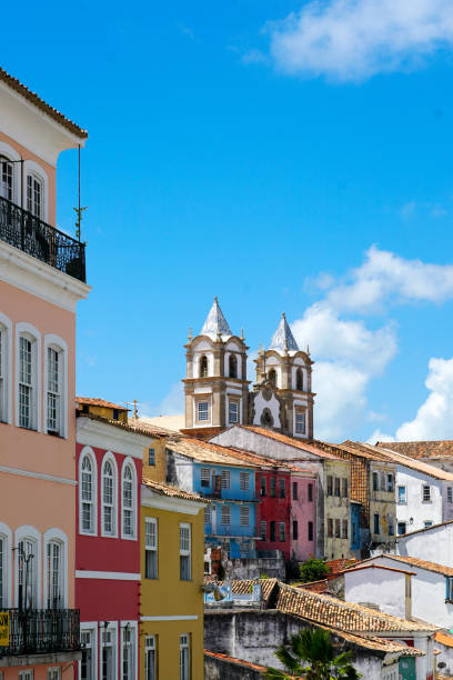 Colorful historic district of Pelourinho with cathedral on the background. Salvadore, Bahie, Brazil Colorful historic district of Pelourinho with cathedral on the background. The historic center of Salvador, Bahia, Brazil. Historic neighborhood famous attraction for tourist sightseeing. 02/11/2019 pelourinho stock pictures, royalty-free photos & images