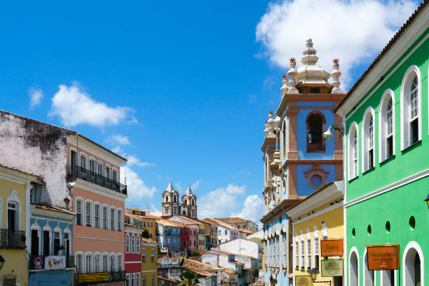 Colorful historic district of Pelourinho with cathedral on the background. Salvadore, Bahie, Brazil Colorful historic district of Pelourinho with cathedral on the background. The historic center of Salvador, Bahia, Brazil. Historic neighborhood famous attraction for tourist sightseeing. 02/11/2019 pelourinho stock pictures, royalty-free photos & images