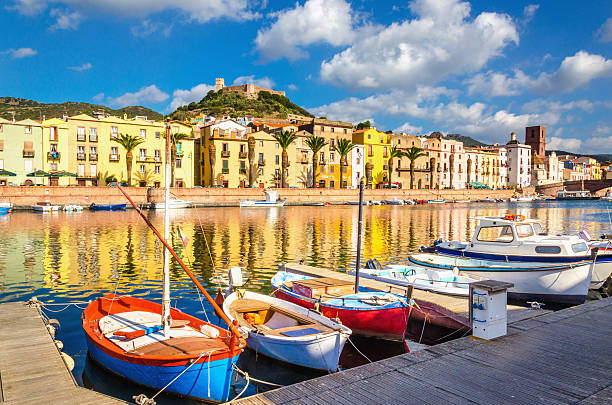 Colorful houses and boats in Bosa, Sardinia, Italy, Europe stock photo