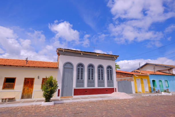 Colorful houses in the streets of Mucuge, Chapada Diamantina, Bahia, Brazil stock photo