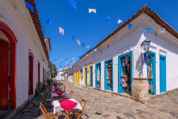 Colorful houses of historical center in the colonial city of Paraty, Rio de Janeiro, Brazil stock photo