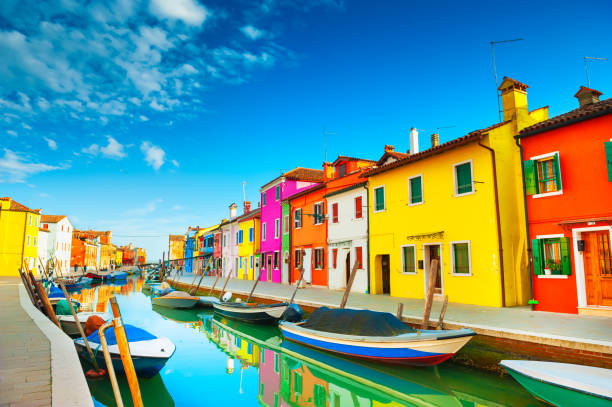Colorful houses on the canal in Burano island, Italy. stock photo