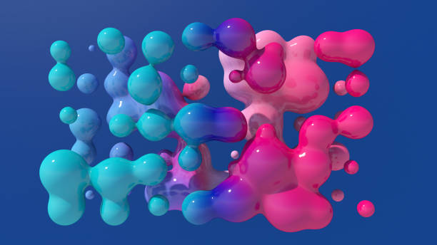 Colorful liquid balls. Blue background. Abstract illustration, 3d render. stock photo