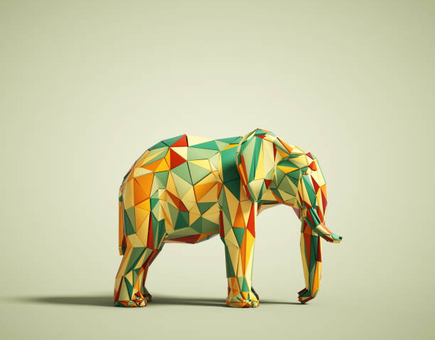 Colorful low poly elephant on white background. Creative and complex concept. This is a 3d render illustration stock photo