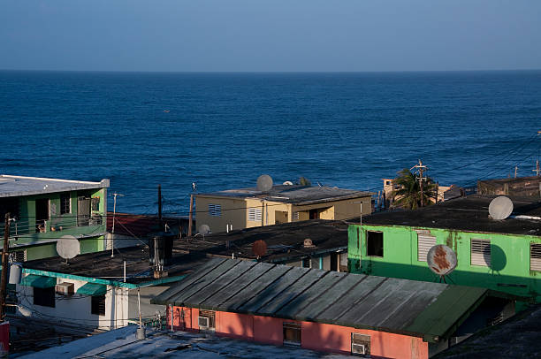 Colorful Neighborhood Overlooking Ocean stock photo