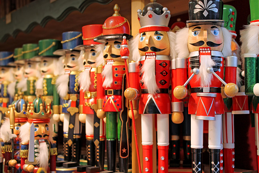 Colorful nutcrackers at a traditional Christmas market in Salzburg, Austria.