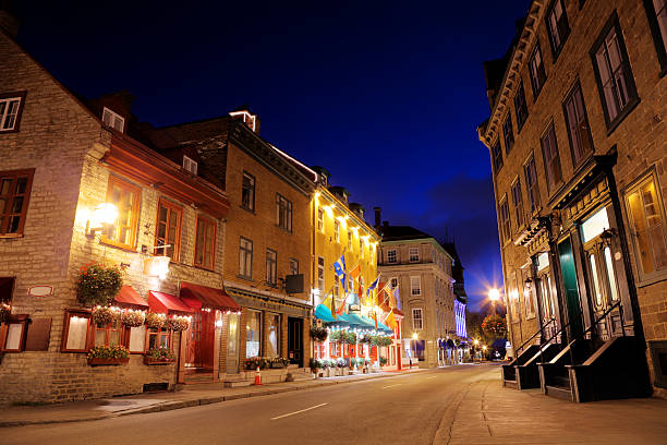 Colorful Old Quebec Street at Night  buzbuzzer quebec city stock pictures, royalty-free photos & images