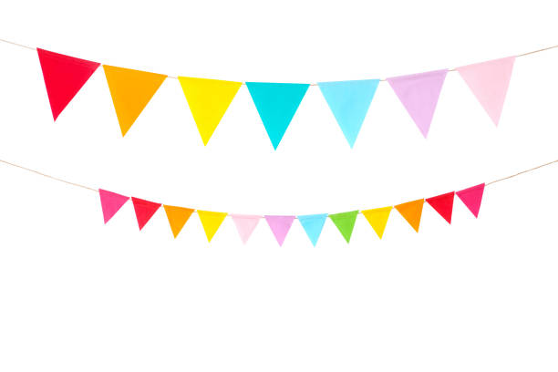 Colorful party flags isolated on white background, birthday, anniversary, celebrate event, festival greeting card background stock photo