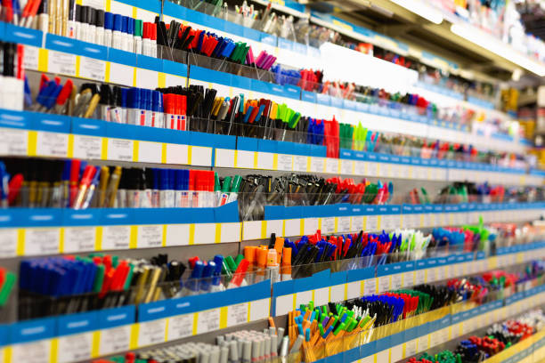 Colorful pen shelves in office supply store Colorful beautiful pen shelves in office supply store office equipment stock pictures, royalty-free photos & images