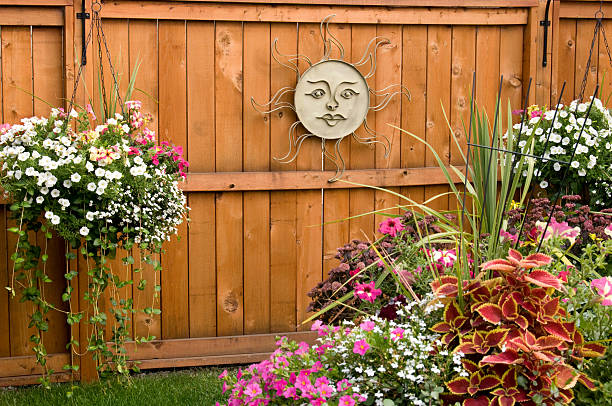 colorful pots of flowers in backyard - hangplant wood stockfoto's en -beelden