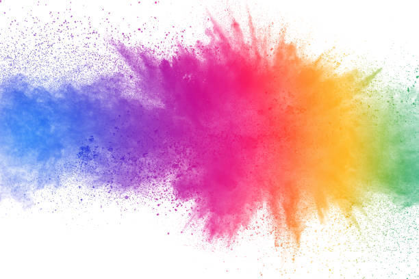 kleurrijke poeder explosie op witte achtergrond. abstracte pastelkleur stofdeeltjes splash. - gemalen stockfoto's en -beelden